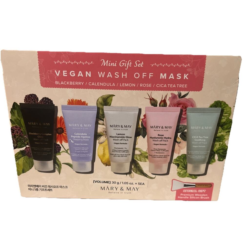 Mary & May Vegan Wash Off Mask Mini Gift Set – 5 x 1.05 oz + Silicone Brush